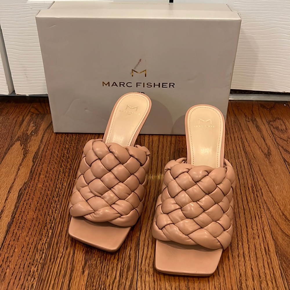Marc Fisher LTD Braided Neutral Heeled Sandal ML Dakina 9M Medium Natural